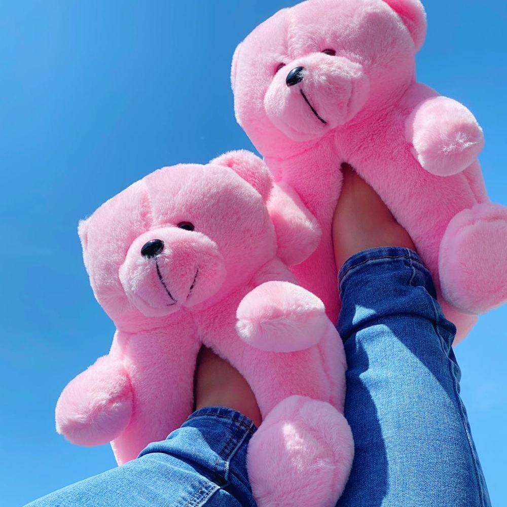 Pink Teddy Bear Plush Indoor Outdoor Slippers - Picture 1 of 11